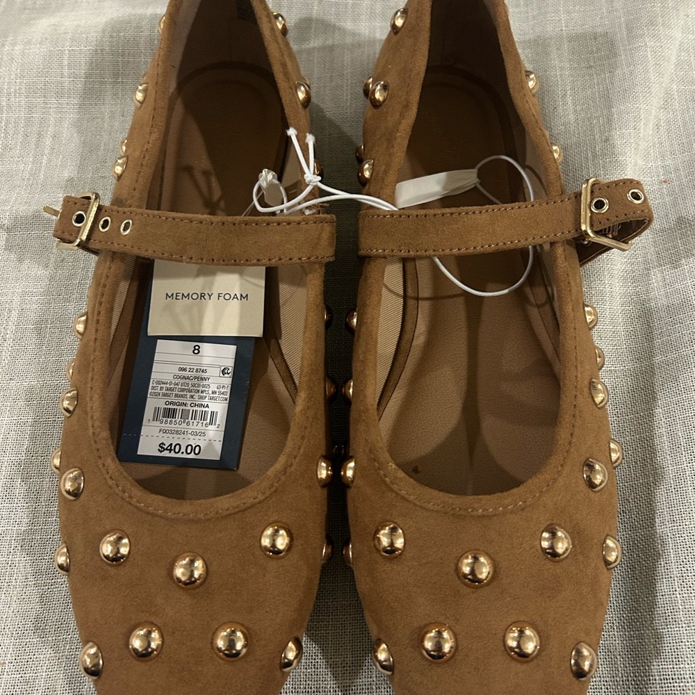 Womens penny gold Studded Brown Mary Jane Flats memory foam